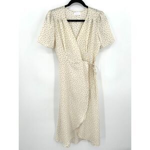 ISALIS Ivory White Black Spotted V-Neck Short Sleeve Midi Dress Size Small